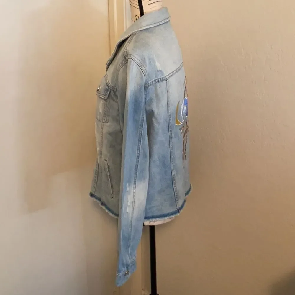 Sanctuary Milkyway Walker Intentional Factory Blue Distressed Denim Boho Jacket
